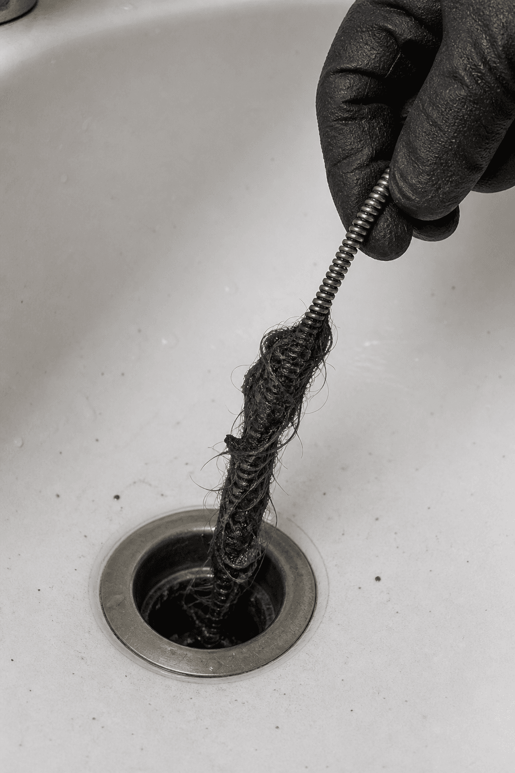 Desatasco en fregadero: Extracción de un tapón de pelo y suciedad.